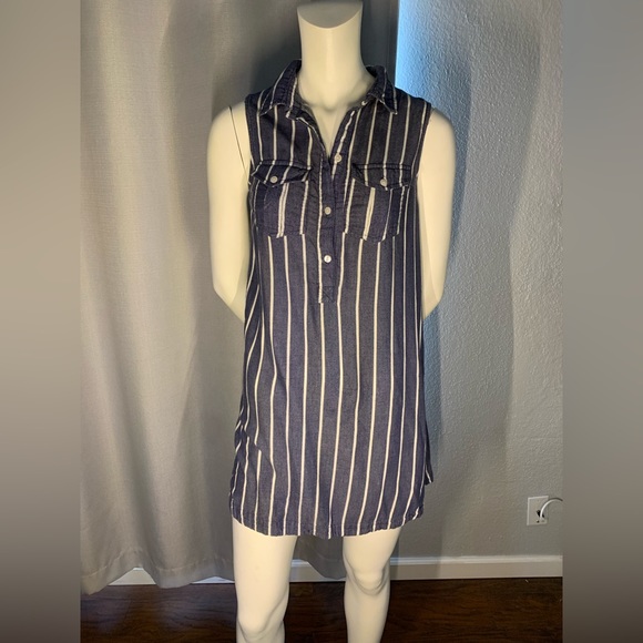Blue denim with white stripes mini dress with collar - Picture 1 of 2